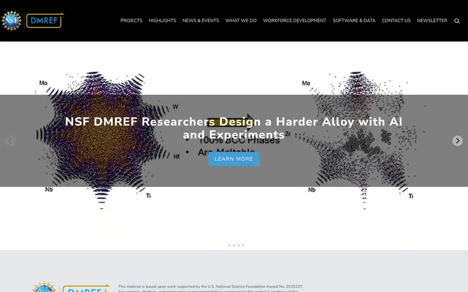 The dmref.org homepage, the website of the Designing Materials to Revolutionize and Engineer our Future program