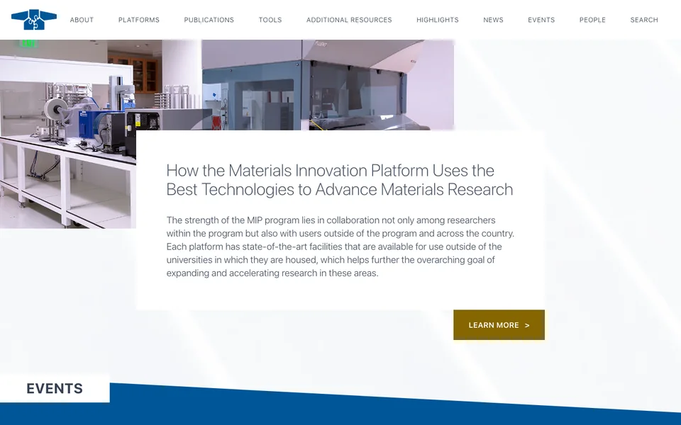 The mip.org homepage, the website of the Materials Innovation Platforms program