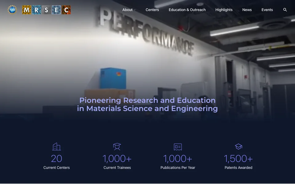 The mrsec.org homepage, the website of the Materials Research Science and Engineering Centers program