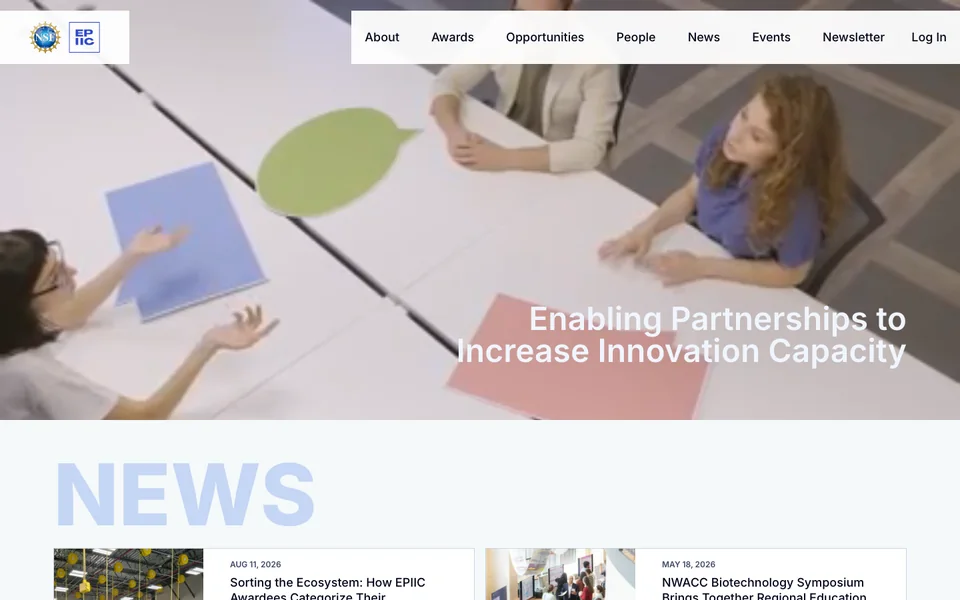 The nsf-epiic.org homepage, the website of the Enabling Partnerships to Increase Innovation Capacity program